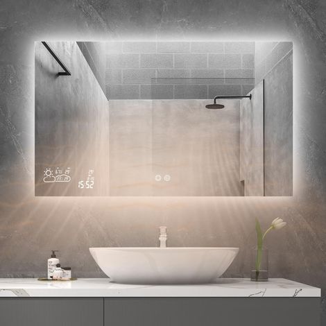 Miroir de Salle de Bain avec éclairage LED 100 x 60 cm, Chauffage avec Station météo, WiFi, Miroir de Salle de Bain, Chauffage avec Interrupteur Tactile, Horizontal (1/5)