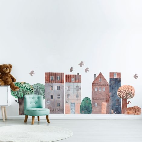 Papier peint intissé pré-encollé fresques géantes - ENFANT MAISONS EN AQUARELLES - 60x90cm (1/5)
