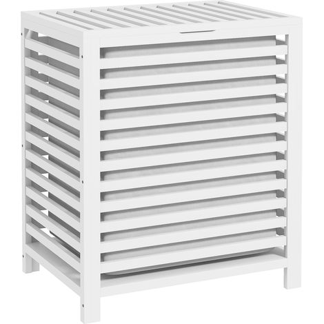 Panier à linge, en bambou, blanc, 50 x 36 x 60 cm, 55L, avec panier, pour salle de bain buanderie, rangement buanderie