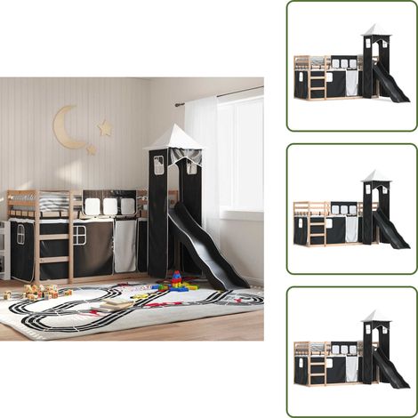The Living Store Etagenbett mit Rutsche und Gardinen Weiß und Schwarz 90x190 cm - Kinderhochbett - Holzbett - Kiefernholzbette - Jugendzimmermöbel - Etagenbett Mit Rutsche