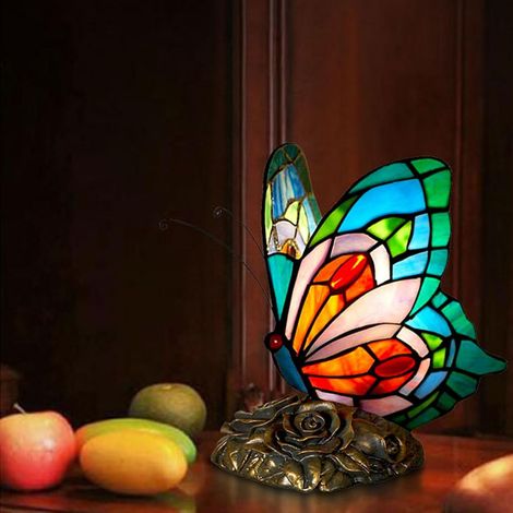 Lampe de table Tiffany, lampe de chevet, teinture papillon bleue, verre, abat-jour vintage pour chambre, lampe de bureau pour salon, lecture (1/4)