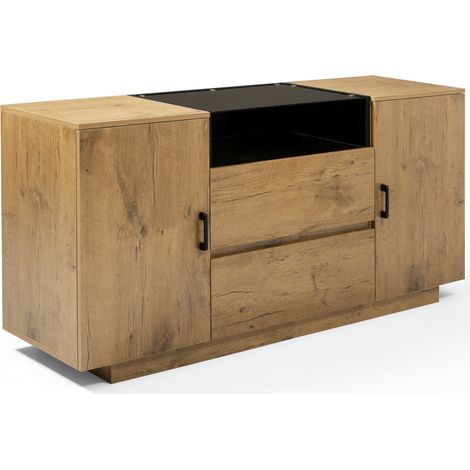 Buffet en chêne avec 2 tiroirs, 2 armoires réglables en hauteur et niche ouverte - Verre trempé teinté brun, poignées noires, 140x40x70 cm (1/5)
