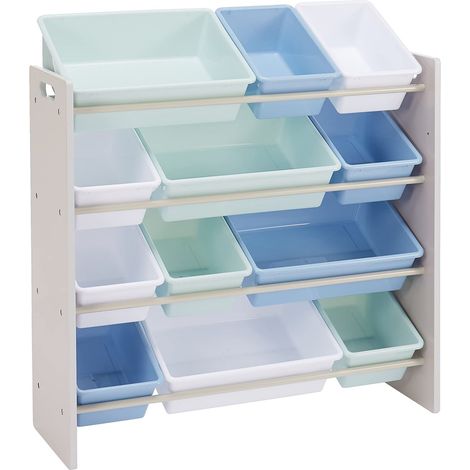 12 Niveaux Rangement Pour Jouets Avec 12 Bacs En Plastique - Bois Gris Avec Bacs Bleus, 10.9" X 33.6" X 31.1" (1/5)