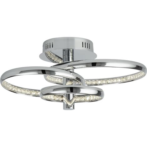 Plafonnier led 3 RINGS métal chrome et cristal clair 28w 1739 lumens 4000k diam 34cm haut 22cm (1/3)