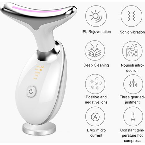Appareil de massage anti-rides pour le visage et le cou à 45 °C avec vibrations ioniques EMS et lumière LED verte, rouge et bleue pour le soin de la peau (1/5)