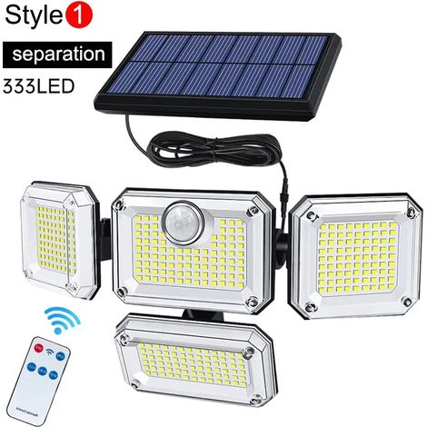 (Séparation LED 16-20 W - 333 LED) Lampe solaire murale extérieure avec détecteur de mouvement et induction humaine, tête orientable, étanche IP65, neuve (1/5)
