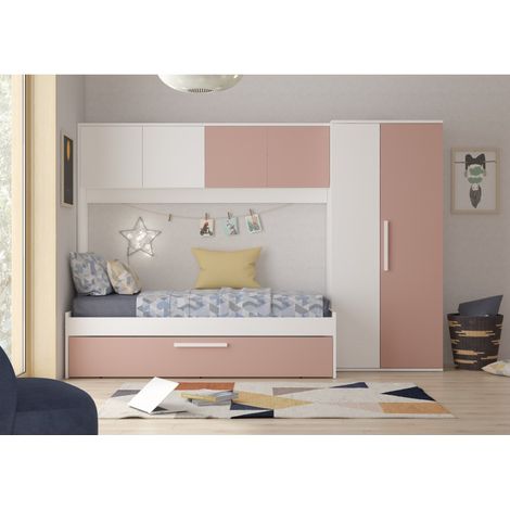 Letto a ponte bianco e rosa 298,4x96,5x203,3 cm con guardaroba