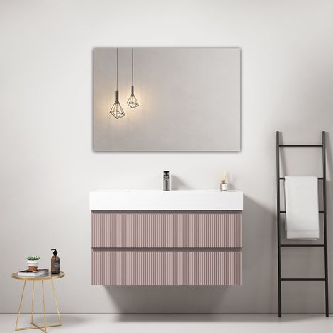 Mobile bagno sospeso cannettato 100 cm Rosa Retro Lavabo in Resina Specchio Quadro - Fiji Paint