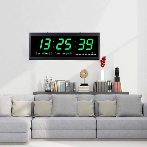 LED-Wanduhr mit Datum und Temperaturanzeige Große LED-Anzeige Modern Glas+Kunststoff 48 x 19 x 3cm Grün