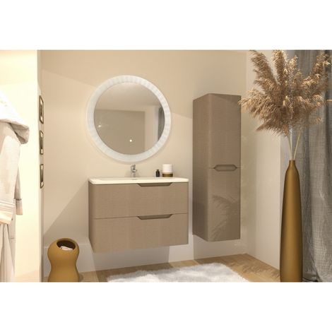Sanitaire – Meuble de salle de bain LUNA 80 cm – Vasque en résine synthétique – Miroir rond Ø 80 cm – Tiroirs avec fermeture amortie – Coloris tissé lin (1/5)