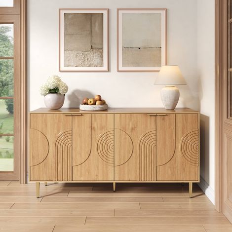 Buffet 140 x 40 x 72 cm, enfilade 4 portes avec étagères réglables, reliefs géométriques, en MDF, pieds métal, naturel (1/5)