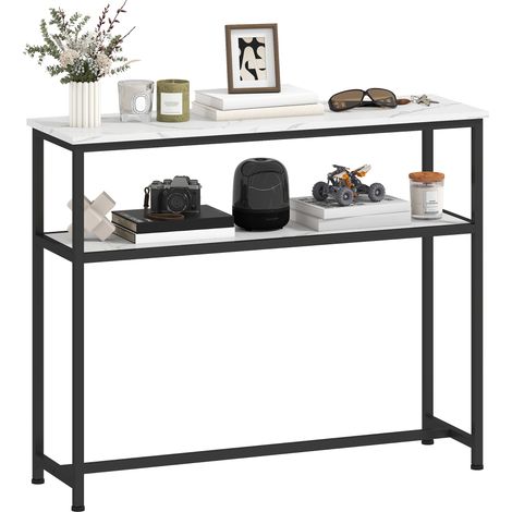 Console étroite blanche, plateau effet marbre, étagère ouverte et structure métal 100x30x81 cm