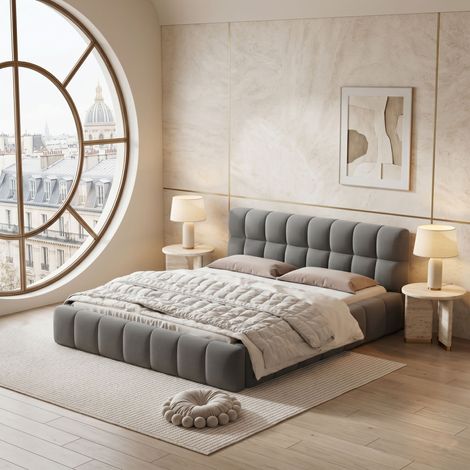 Lit rembourré 140x190 cm, Lit double avec Dossier Souple, lit Plat avec Bordure rembourrée, Sommier à lattes, Jugendbett, Leinen - Gris (1/5)
