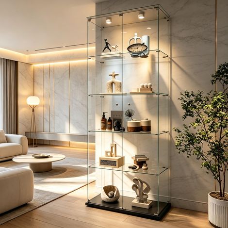 FOERPL-Vitrine en Verre avec 5 Étagères 2 Portes, Vitrine Sur Pied en Verre avec LED et Serrure, Armoire de Verres Moderne pour Collection Vitrine d'exposition à Colonne Vitrine pour Salon