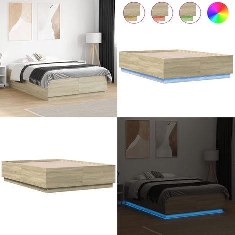 Bettgestell mit LED Sonoma-Eiche 135x190 cm Holzwerkstoff - Holzbettfassad - Bettrahmen - LED-Bett - Modernes Bett - Doppelbett - Home & Living (1/5)