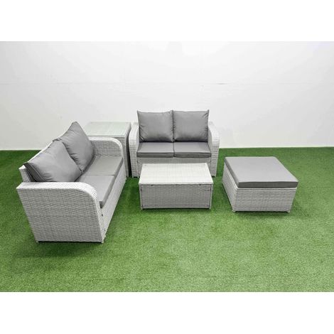 Fimous 5 Seater Outdoor Love Sofa Set Rattan Garden Furniture Set with Rectangular Coffee Table Big Footstool Side Table Light Grey (1/4)