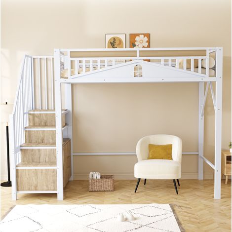 Lit simple 90x200 mezzanine avec rangements blanc HAVRYA (1/5)