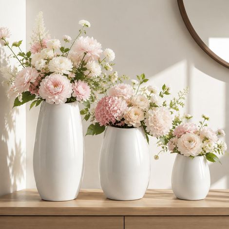 Lot de 3 vases à Fleurs en céramique pour décoration d'intérieur, Vase Blanc Moderne pour centres de Table, décoration d'étagère, Table, Salon, décoration d'intérieur, Blanc (1/5)