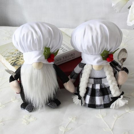 Gnome Chef - Peluche Décor Rustique pour Intérieur - Motif Écossais Noir et Blanc - Hauteur 21,5 cm - Lot de 2 (1/5)