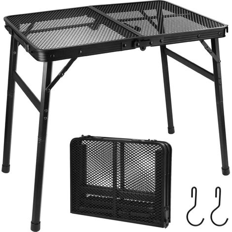 60x40cm Table de Camping Réglable en Hauteur 27/56cm, Petite Table de Bar Pliante avec Filet de Bureau, Table Portable Multifonctions, Table de Tapissier Alu Noir pour Pique-Nique Barbecue
