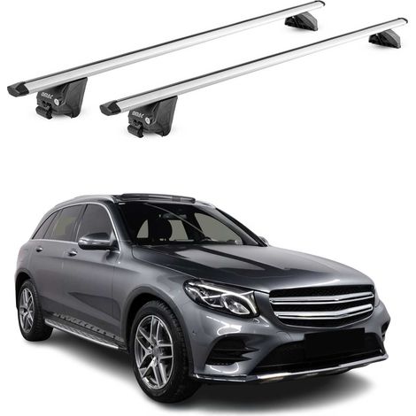 OMAC Barres de toit aluminium certifiées TÜV pour Mercedes GLC X253 2015-2022 – Pour rails de toit intégrés – Rainure en T – Charge max 100 kg – 2 antivols Argent (1/5)