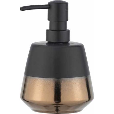 WENKO Dispenser sapone Brandol, dosatore di sapone riempibile per sapone liquido e lozione, in pregiata ceramica, 9,8 x 14,1 x 9,8 cm, capienza 450 ml, colore nero/rame (1/4)
