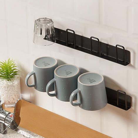 2 PCS Montage mural Porte Tasses, Crochet de tasse de café sans perçage, avec 4 supports,Mug Titulaire Pour cuisine,salon,bureau (noir) (1/5)