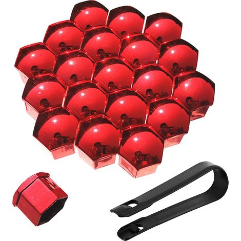 20 Pièces Cache Ecrou pour Voitures Universel, 17mm 19mm 21mm Protection Hexagonal pour écrous de Roue, avec Outil Demontage (Rouge, 17mm)