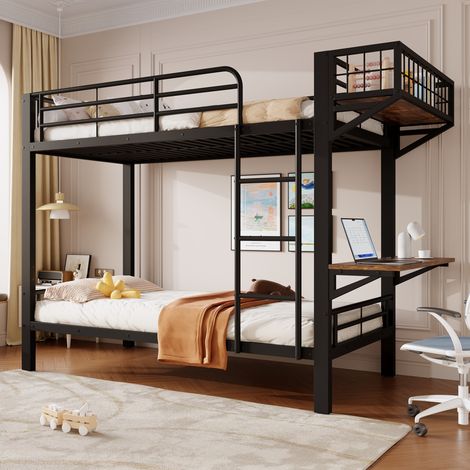 Lit superposé enfant 90x200 cm, bureau intégré, rangement, sommier à lattes, échelle et barrières de sécurité, métal et MDF (Sans Matelas) - Noir (1/5)