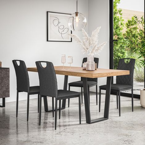 Aria Dining Table And Chairs -  Oak Effect Table Top w Black Legs + Monza Linen Dining Chair Set Of 6 (Charcoal) (1/5)