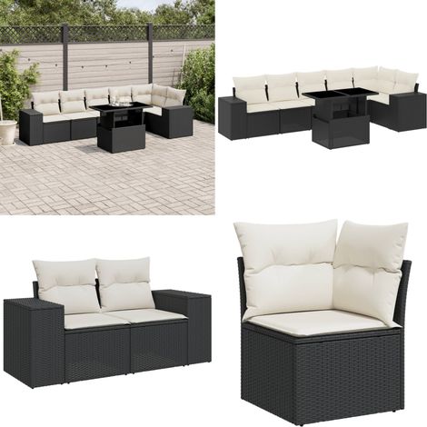 Salon de jardin 7 pcs avec coussins noir résine tressée - Ensemble Salon De Jardin - Meuble Extérieur - Jardin - Terrasse - Patio - Home & Living (1/5)