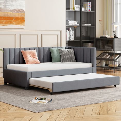 Lit tissé velours gris 90x200, canapé convertible gigogne, lit à lattes multifonction, couchage d'appoint pour enfant, meuble 2-en-1 (1/5)