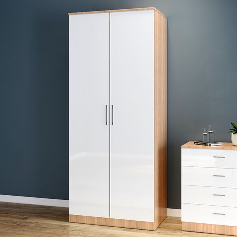 ELEGANT White/Oak Modern High Gloss Soft Close 2 Doors Wardrobe with Metal Handles Includes a removable hanging rod and storage shelves (1/7)