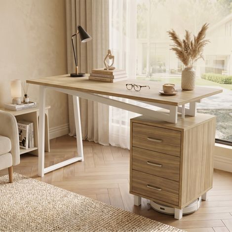 Bureau en bois 130 cm avec 3 tiroirs - Table de travail, grand espace de rangement, piètement en métal - Scandinave pour maison