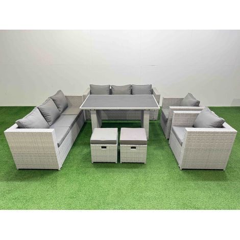 Fimous 10 Seater Wicker PE Rattan Furniture Outdoor Dining Table 3 Seater Sofa Armchair Set with 2 Small Stools Light Grey (1/5)