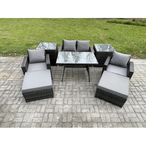 Fimous Rattan Wicker Garden Furniture 6 Seater Patio Conservatory Sofa Set with Rectangular Dining Table Armchair 2 Seater Sofa 2 Big Footstool 2 Side Tables (1/5)