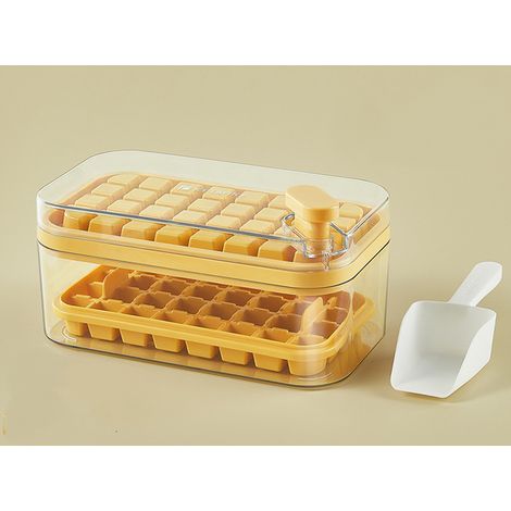Bandeja para cubitos de hielo con tapa y compartimento de almacenamiento, apta para frigoríficos, reutilizable (amarilla, 1 unidad). (1/5)