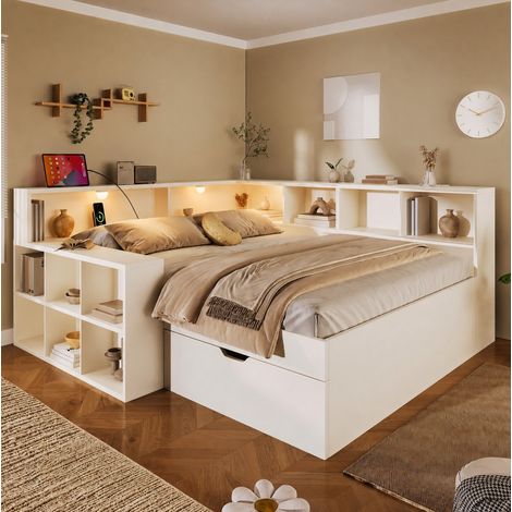 Lit adulte 140x190 cm en bois blanc avec USB, Type-C, lampes de lecture, tiroirs et rangements, sommier à lattes (1/5)