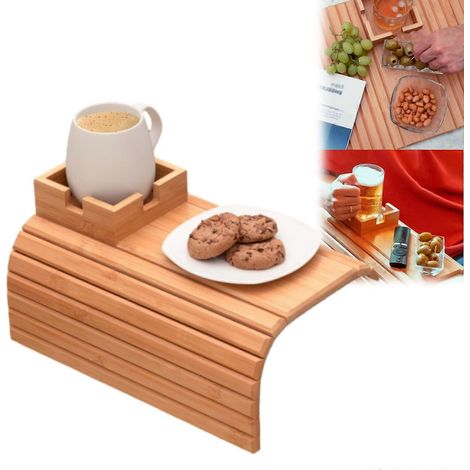 Plateau porte-gobelet en bambou pour canapé, compatible avec les accoudoirs, idéal pour ranger boissons et en-cas, 1 pièce par paquet. (1/5)