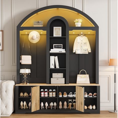 Ingresso con ripiano aperto per scarpe, ganci e ripiano aperto, in MDF, nero e naturale (1/5)