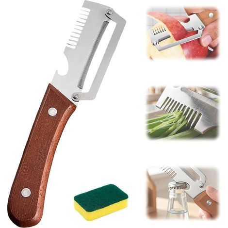 Pelador de verduras mejorado 2026 con mango de madera, pelador de verduras premium 3 en 1 con mango de madera y abridor de botellas para cocina, camping y viajes (1 unidad) (1/5)