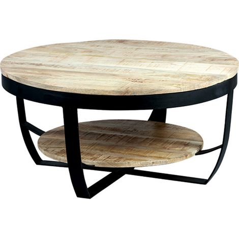 GARONA - Table Basse Ronde Ø80cm en Bois Massif et Métal Noir
