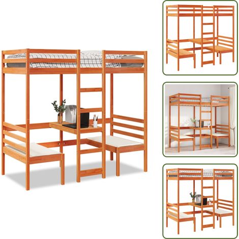 vidaXL Lit mezzanine avec bureau et chaises brun cire 90x200 cm pin (1/5)