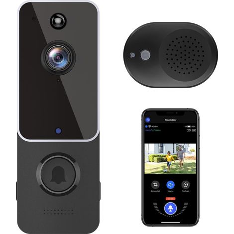 Sonnette vidéo sans fil avec carillon, audio bidirectionnel, vision nocturne HD, cryptage AES 128, stockage cloud, sécurité pour maison connectée-AquaForge