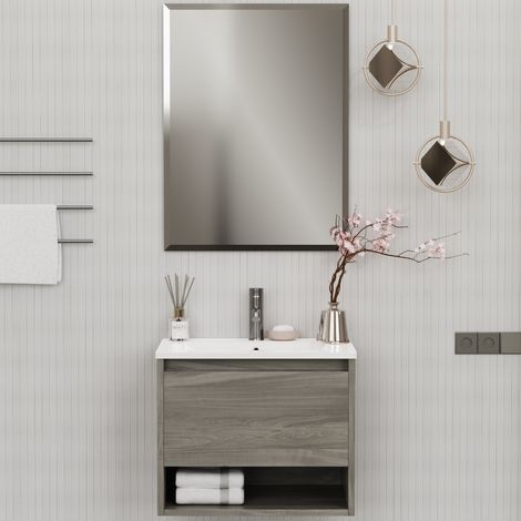 Set Mobile Bagno Sospeso 60 cm Lavabo e Specchio, 1 Cassetto 1 Vano Multiuso Salvaspazio, Ceramica e Legno, Design Moderno - Grigio Rovere (1/5)