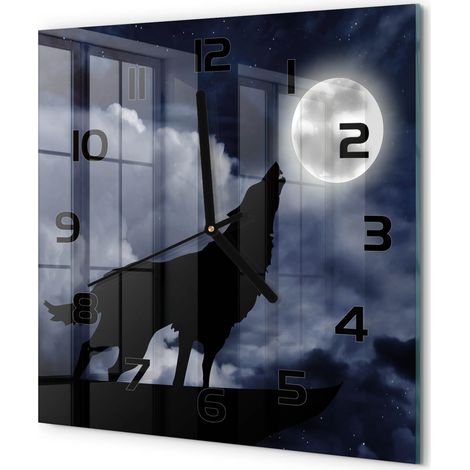 Horloge Murale Carrée Sans Tic-Tac en Verre Moderne Chambre Bureau Loup hurlant à la pleine lune 30x30 cm (1/5)