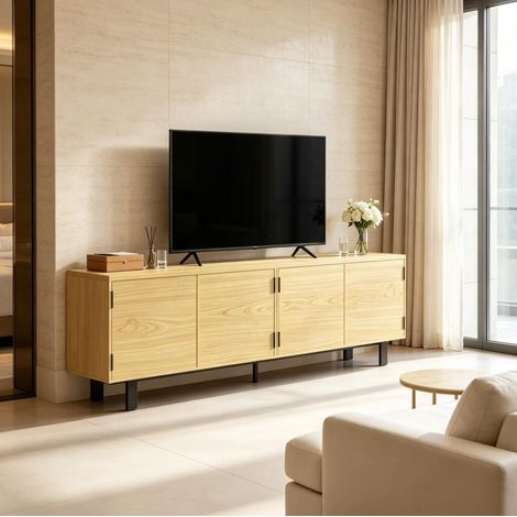 Meuble TV 180 cm pour téléviseur jusqu’à 82 pouces, 4 portes à pression, effet bois naturel HAVRYA (1/5)