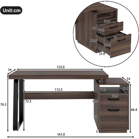 Bureau, avec tiroirs, 135 x 54 x 76,4 cm, métal et acier, marron (1/5)