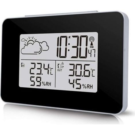Station Météo sans Fil, Horloge Météo Multifonctionnelle Numérique avec Météo Extérieure/Température/Humidité/Rétro-éclairage/Alarme Roupillon Une Fonction (Noir) (1/5)