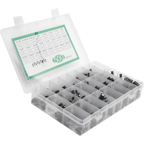 Kit 500 condensateurs électrolytiques, 24 valeurs assorties, 0,1µF à 1000µF, 10V 16V 25V 50V, boîte de rangement (1/5)